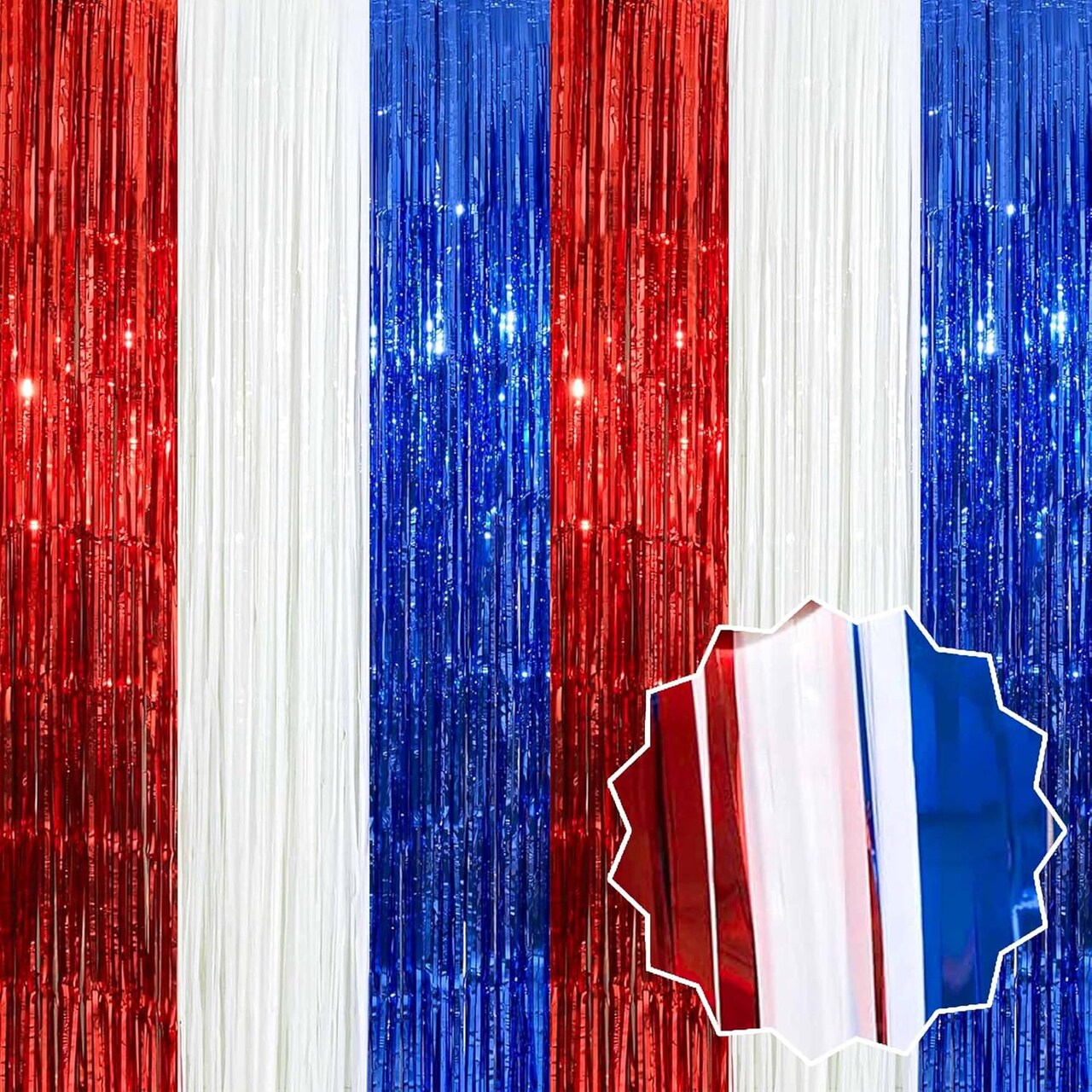 3 Pack White Blue Red Foil Fringe Curtains Backdrop, 3.28 x 6.6 Ft Metallic Streamers Tinsel Curtains Background for Photo Booth, Birthday, Halloween, Christmas, New Year Party Decorations
